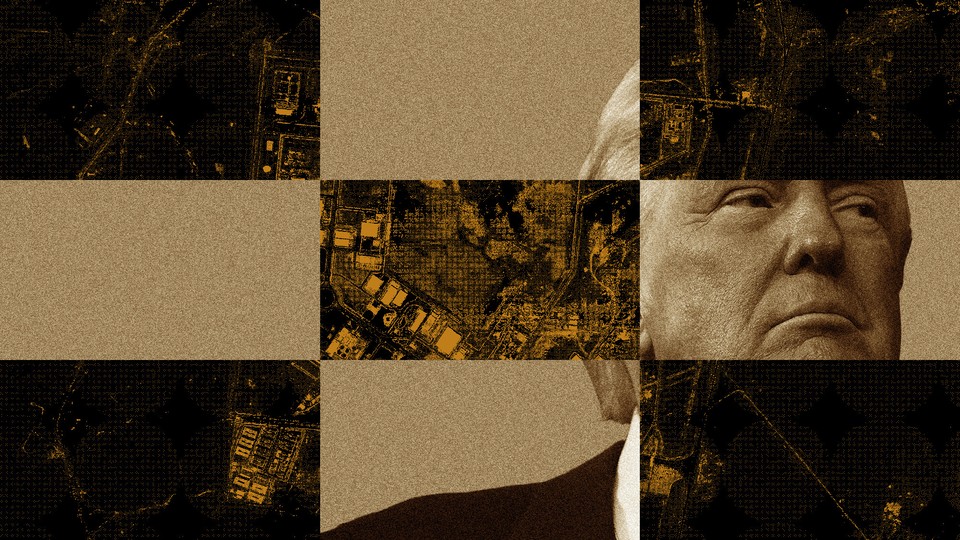 President Donald Trump overlaid with satellite images of targets in Iran.
