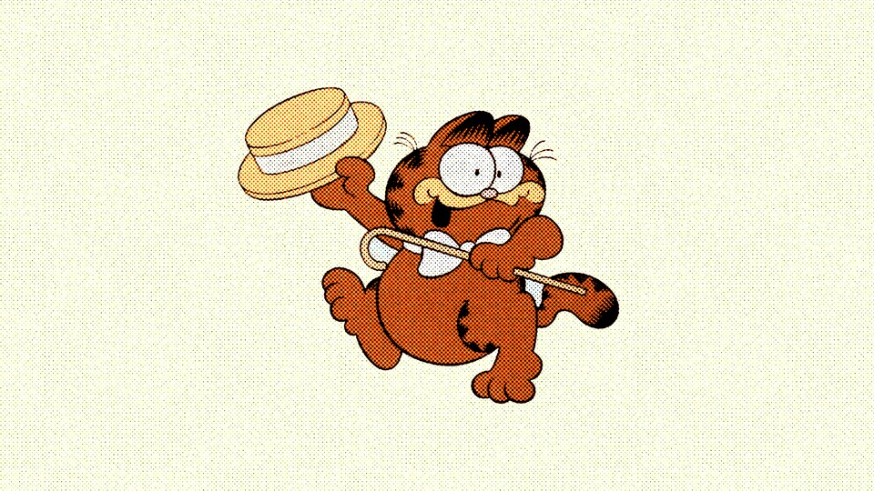 Garfield dancing with a hat and cane in his hands