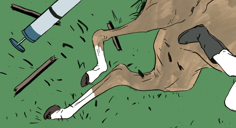 An illustration of a horse falling next to a syringe