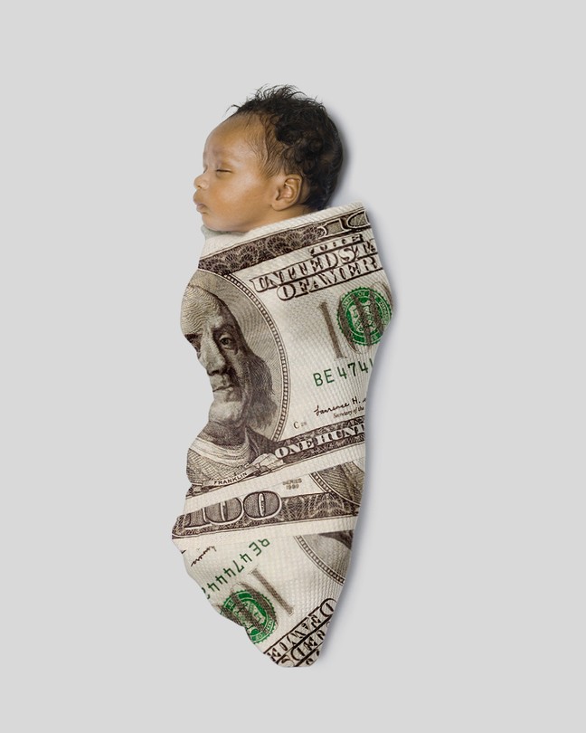 Illustration of a baby swaddled in money.