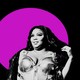 Black-and-white photo cutout of Lizzo against a black background with a fuchsia circle in the center