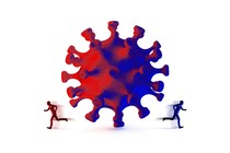 A virus with a red person and a blue person running from it in opposite directions