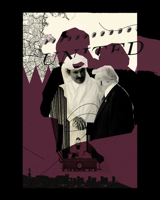 Collage with main image of Trump with Emir of Qatar Tamim bin Hamad Al Thami.