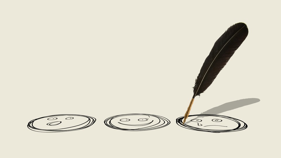 A feather quill draws three basic outlines of faces with different expressions.