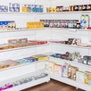 Grocery shelves with many products