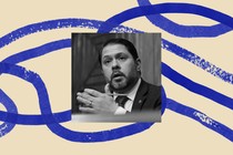 A headshot of Arizona Senator Ruben Gallego, offset by a blue and beige illustration