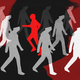 Many white and opaque silhouettes walking in one direction, one in bright red walking the other way, with a giant shadow of Donald Trump behind them.