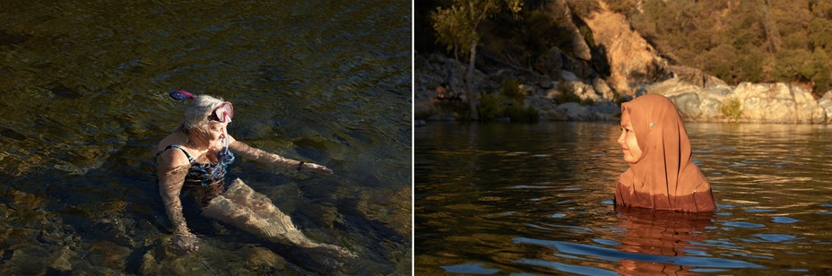 diptych: an older woman wading in water, and young muslim woman in water