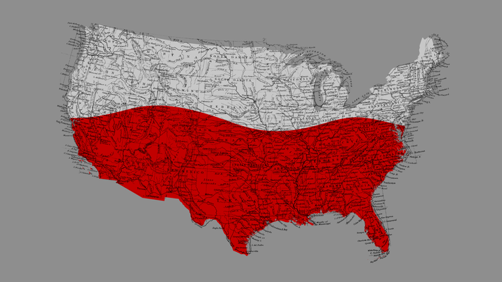 A map of the continental United States with a red wave covering the South