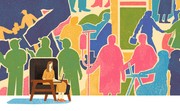 A woman sits in a chair with a laptop on her knees. Behind her is a collage of colorful silhouettes of friends.