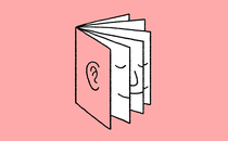 drawing of a book with an ear on the cover and fanned-open pages with a smiling face with eyes closed