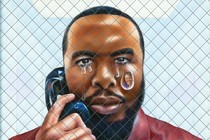 painting of handcuffed man behind prison glass wearing maroon collared shirt holding black phone receiver with silver cord to his ear, with large tears on his face including one with a portrait of a smiling woman inside