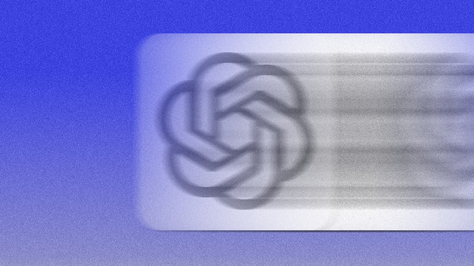 Illustration of the ChatGPT app icon blurred rightward, as if moving very fast, with a blue background behind it.