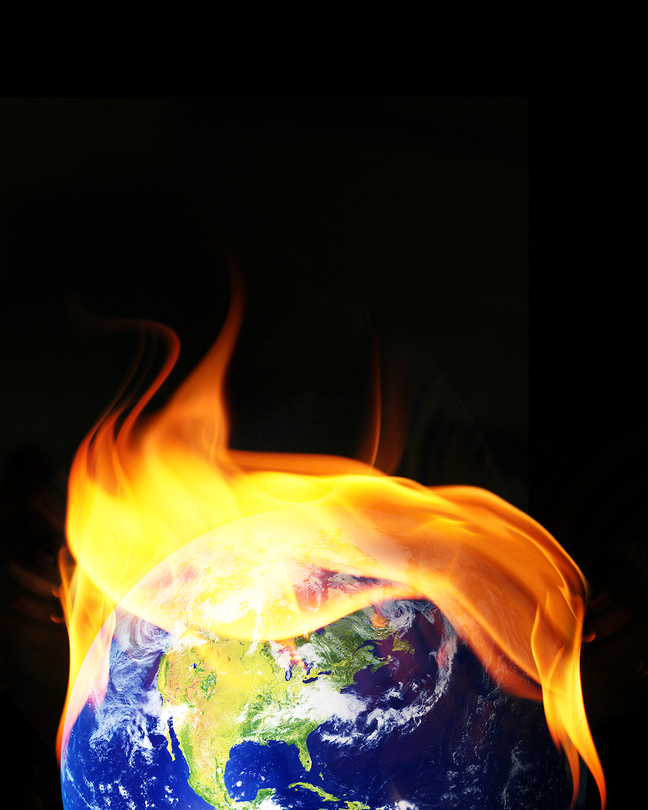 A photo-illustration of the Earth with flames in the shape of Donald Trump's hair.