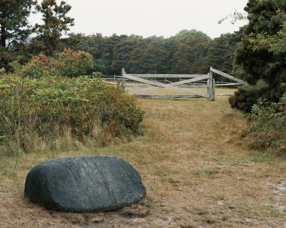 A marker by entrance to  the Indian Burial Ground on Nantucket, MA. 2021.