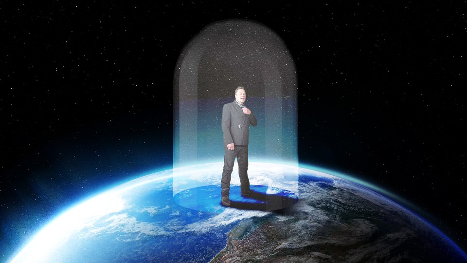 An illustration depicting Elon Musk standing on top of the Earth