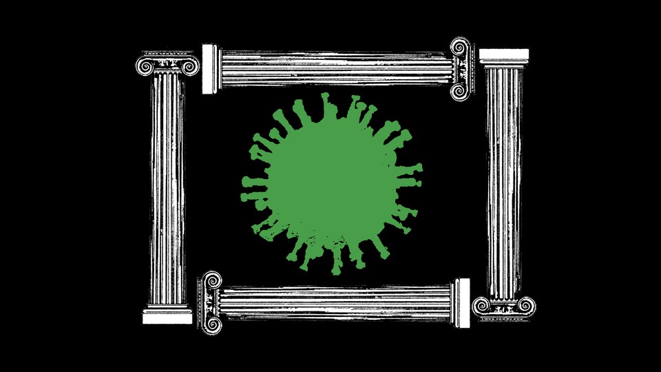 a green coronavirus framed by columns