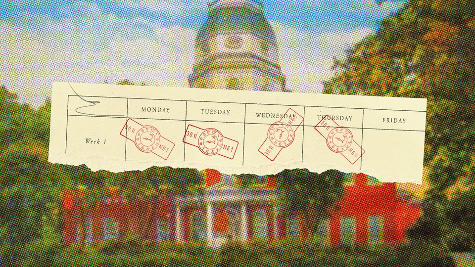 Illustration of a weekly calendar with stamps on Monday through Thursday, in front of the Maryland state building.