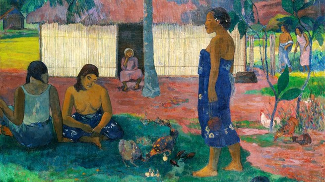 a painting by Paul Gauguin showing a woman in blue walking in front, two women seated on the grass a woman seated in front of a house, and two women walking in the background