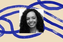 A black-and-white photo of Atlantic staff writer Caitlin Dickerson, bordered by an illustration