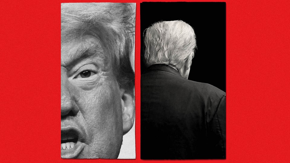 A photo of Donald Trump speaking and a photo of the back of his head