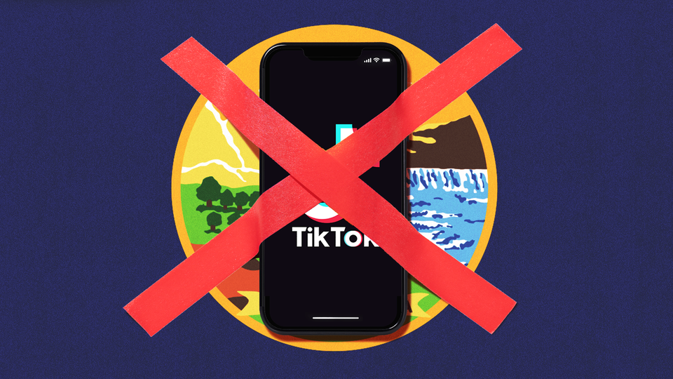 Illustration of a phone displaying the TikTok app taped over with a red "X" on top of the Montana state flag