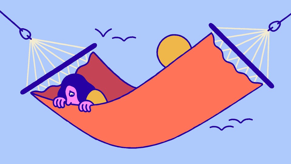 A woman in a hammock, looking worried and peeking over the edge