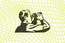 A man looking through binoculars, superimposed on a wavy grid