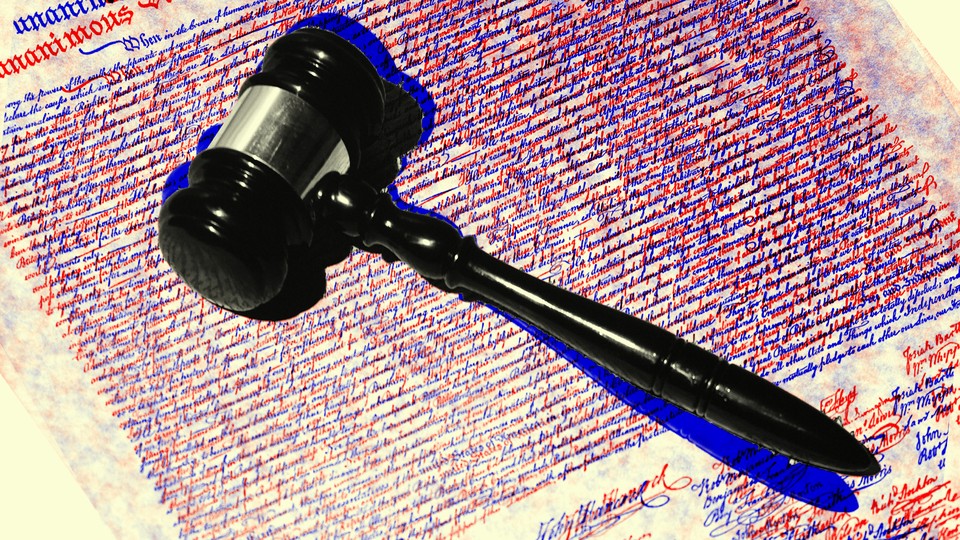 An illustration of a gavel with the Constitution text behind it.