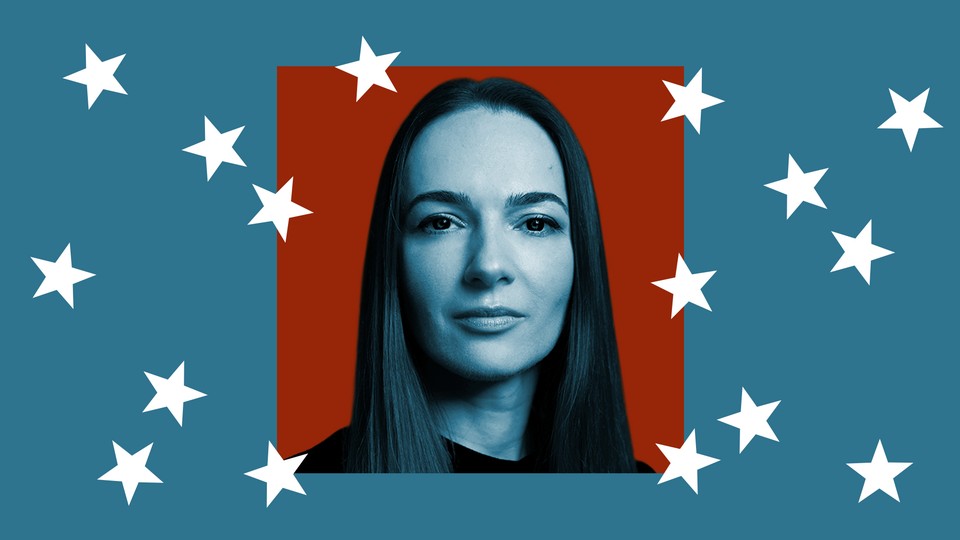 Photo of guest Oleksandra Matviichuk against a blue background and falling white stars