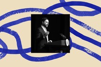 An inset photo of J.D. Vance speaking at a podium, surrounded by a blue and beige illustrated border.