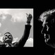 Photo illustration with Jair Bolsonaro raising his hands and a profile of Donald Trump