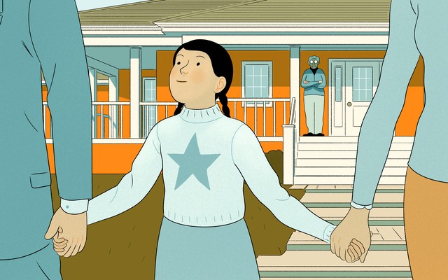 An illustration of a girl holding hands with her parents while her grandmother looks on from the distance.