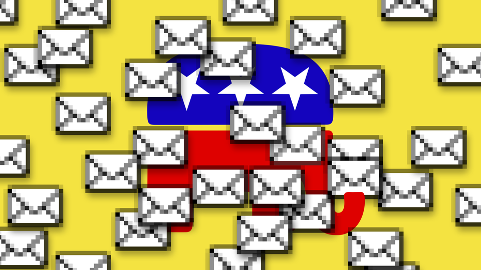 An illustration of emails floating over the Republican elephant logo.