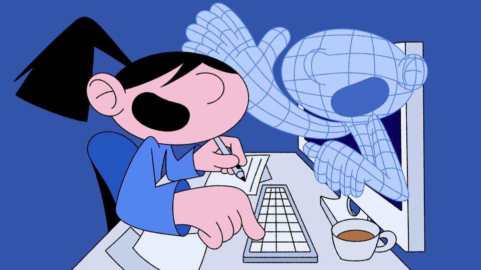 An illustration of a woman at her desk in front of a computer, with a humanoid AI coming out of the screen