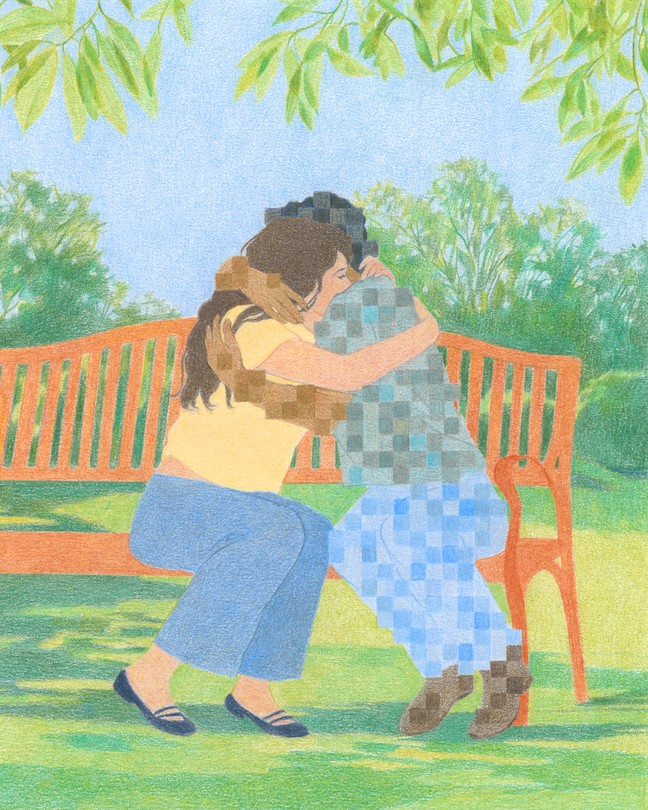 An illustration of a woman hugging a pixelated figure on a park bench on a sunny day.