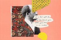 collage of different fabrics, a picture of Du Bois, and handwritten text against a pink background