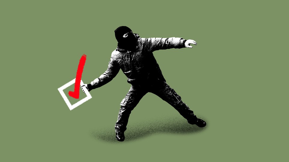 An illustration of a protester holding a checkmark voting box.