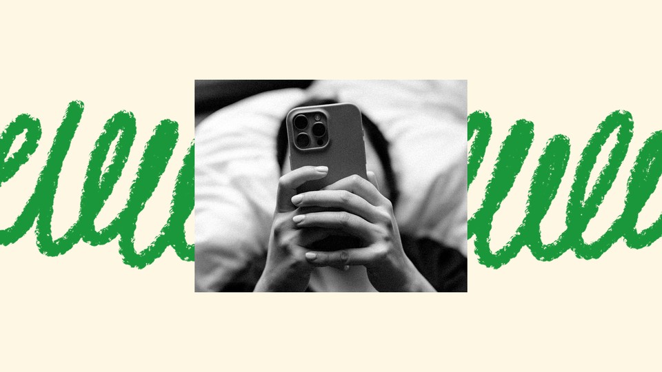 On a cream-colored background, green hand drawn loops look like grass, in the middle is a black and white photo of a woman holding her phone above her head on a pillow.