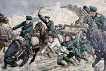 An illustration of a long line of men on horses and men on foot dragging supplies