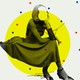 A woman sits alone, with others floating around her. Everyone has their faces blanked out.
