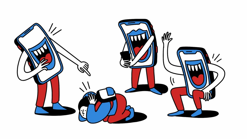 Three phones with arms, legs, and big grins point and laugh at a child cowering on the ground.