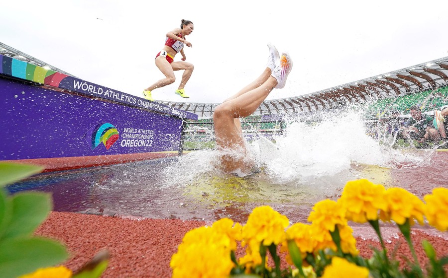 A runner splashes head first into a pool of water during a steeplechase race.
