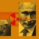 Collage of showing cropped pictures of Putin overlapping the radiation symbol