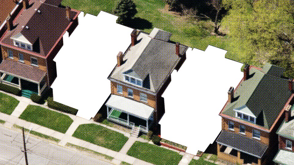 An illustration of suburban homes in a row, with two of the houses missing.