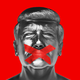 An illustration of a statue of Donald Trump with red tape over his mouth.