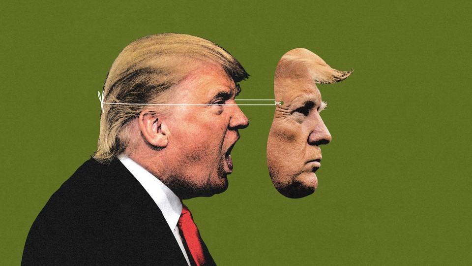 An illustration of Donald Trump with a mask on his face.