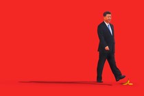 An illustration of Chinese leader Xi Jinping about to step on a banana peel