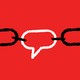 A speech bubble as part of a link chain, set against a red background