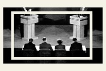 A black-and white image of two people debating each other at lecterns on stage, with a panel of four people facing them, against a cream background